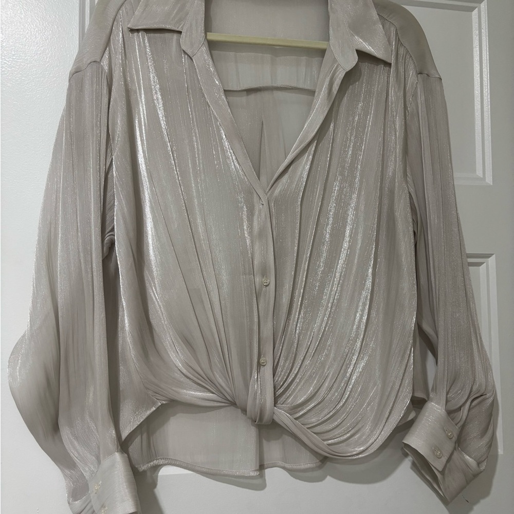 Zara Metallic Cream Button-Down Knot-Front Shirt